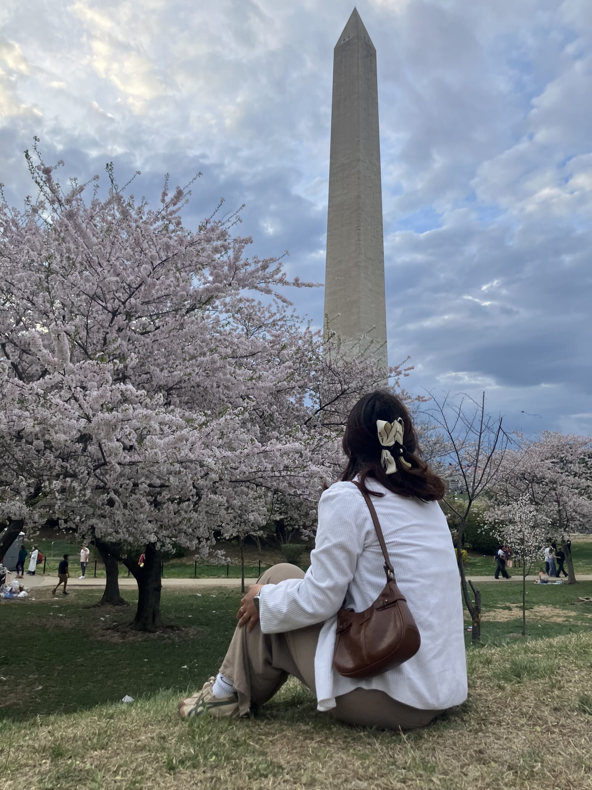 Photo of UConn student studying abroad in Washington D..C. She is sitting in front of the Washington monument and there are flower trees in front of her.