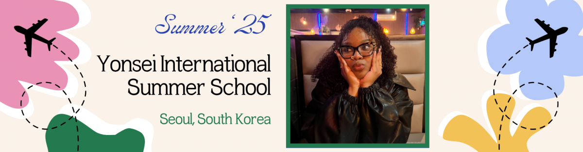 Graphic promoting a student's participation in the Yonsei International Summer School in Seoul, South Korea for Summer 2025. The design features colorful abstract flowers with airplane icons and dotted flight paths, symbolizing international travel. On the right side, there is a photo of a student with curly hair and glasses, wearing a black jacket and posing playfully with hands on cheeks in a warmly lit setting. Text reads: "Summer '25 – Yonsei International Summer School – Seoul, South Korea."