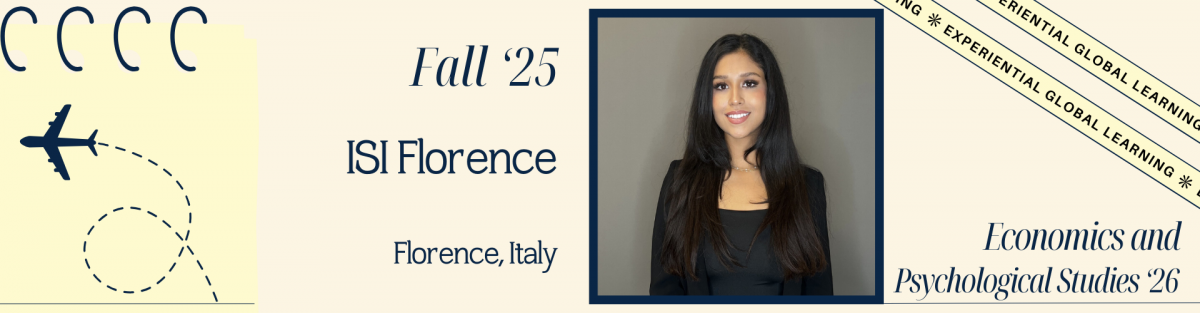 Student spotlight banner featuring a smiling student with long dark hair, dressed in a black top and blazer, standing against a plain background. Text on the banner reads: 'Fall ’25, ISI Florence, Florence, Italy.' The bottom right corner says 'Economics and Psychological Studies ’26', and a ribbon in the top right reads 'Experiential Global Learning'. A notepad with an airplane graphic appears on the left.