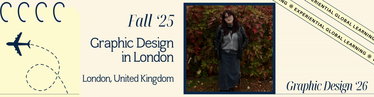 Banner promoting UConn Global Study Abroad program for Fall 2025: 'Graphic Design in London, United Kingdom.' The banner features a photo of a young woman with long dark hair, glasses, and a black leather jacket standing outdoors in front of autumn leaves. The text includes 'Fall ’25 Graphic Design in London' and 'Graphic Design ’26' in elegant navy blue font on a light beige background, with a stylized airplane graphic symbolizing travel. The design emphasizes experiential global learning opportunities for UConn students."