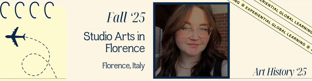 Graphic promoting UConn Global Study Abroad for Fall 2025 featuring a program titled 'Studio Arts in Florence' located in Florence, Italy. The banner includes a photo of a young woman with glasses and wavy brown hair smiling softly in front of a brick wall. On the left side, there is a stylized airplane icon with a dotted flight path. Text on the banner reads: 'Fall '25 Studio Arts in Florence, Florence, Italy' and 'Art History '25' in elegant navy blue font. The background is a light cream color with diagonal bands containing the phrases 'Experiential Global Learning' repeated.