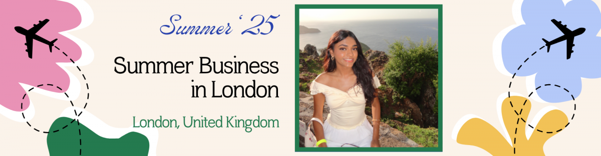 Graphic banner promoting UConn’s “Summer ‘25 Summer Business in London” program. The background features colorful abstract shapes with airplane icons and dashed flight paths, symbolizing international travel. Text reads: “Summer ‘25, Summer Business in London, London, United Kingdom.” On the right side is a photo of a smiling student standing on a scenic cliffside, overlooking the ocean, representing global learning and travel.