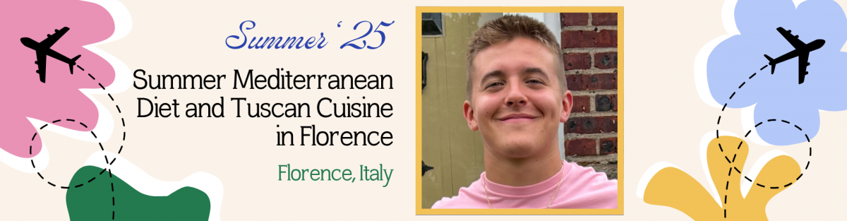 Promotional graphic for “Summer ’25: Summer Mediterranean Diet and Tuscan Cuisine in Florence” featuring colorful floral and airplane illustrations. The text is centered in black and green, highlighting the location: Florence, Italy. On the right side, a smiling student in a light pink shirt is framed by a yellow border, standing in front of a brick wall and door.
