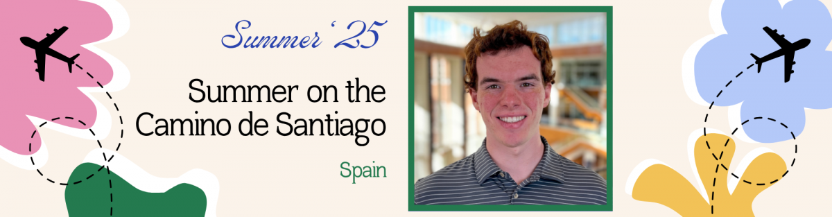 A promotional graphic for "Summer '25" features a smiling young man wearing a dark-striped collared shirt, framed in green. The text reads "Summer on the Camino de Santiago" with the location listed as "Spain" in green font. The background is light beige with colorful abstract floral shapes and two black airplane icons connected by dashed lines, suggesting travel.