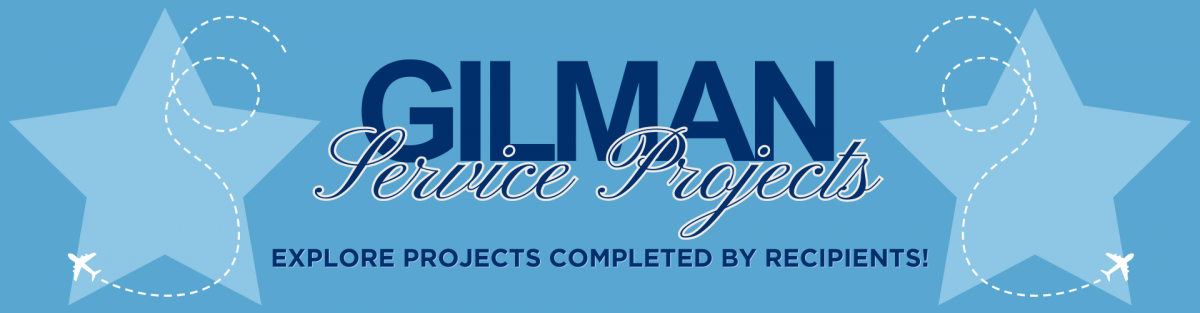 Text reads: Gilman service Projects Explore Projects Completed by Recipients! Banner is teal with lare light blue stars on the left and ride side. Click banner to visit external page.