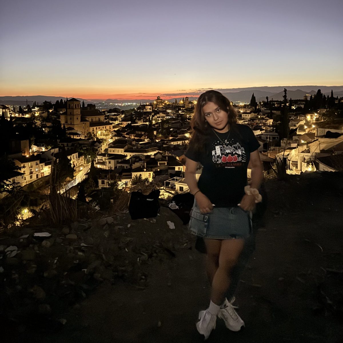 Photo of a female student in front of a city during a late sunset with illuminated buildings in the background.